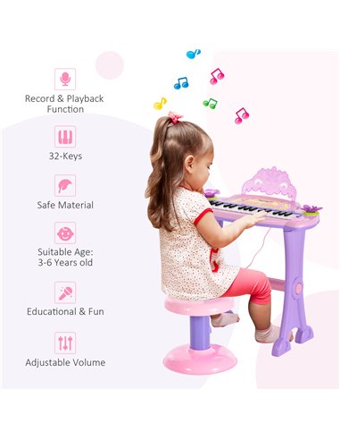 HOMCOM Electronic Organ for Kids, Mini Piano with Microphone and Stool, Interactive Music Play, Purple/Pink 390-005PK