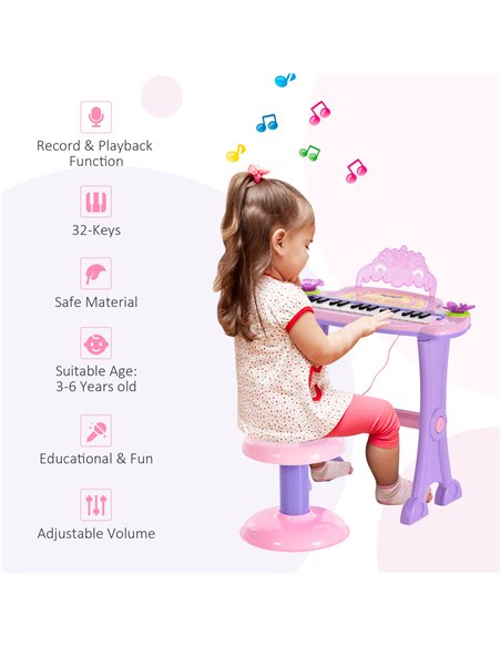 HOMCOM Electronic Organ for Kids, Mini Piano with Microphone and Stool, Interactive Music Play, Purple/Pink 390-005PK - pic 94499 | FastDaddyshop
