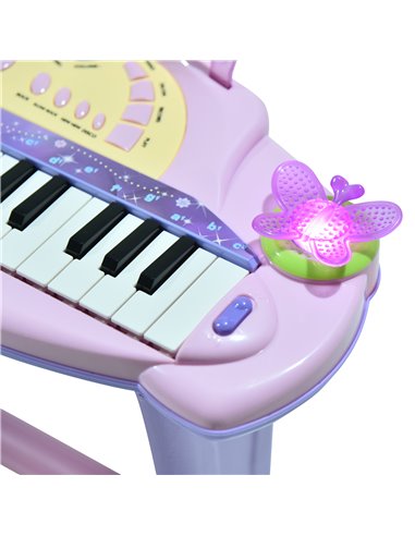 HOMCOM Electronic Organ for Kids, Mini Piano with Microphone and Stool, Interactive Music Play, Purple/Pink 390-005PK