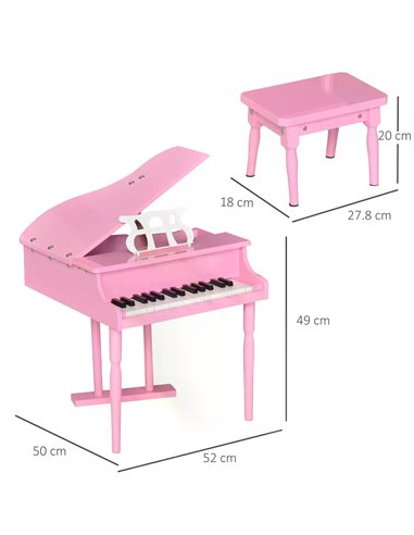 HOMCOM Modern Kids Piano 30 Keys Set of 2 Mini Toy for Child Grand Piano with Music Stand and Bench, Best Gifts Pink F12-005PK