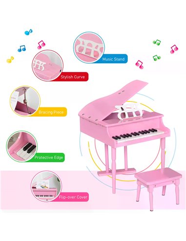 HOMCOM Modern Kids Piano 30 Keys Set of 2 Mini Toy for Child Grand Piano with Music Stand and Bench, Best Gifts Pink F12-005PK