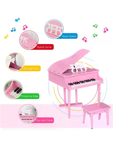 HOMCOM Modern Kids Piano 30 Keys Set of 2 Mini Toy for Child Grand Piano with Music Stand and Bench, Best Gifts Pink F12-005PK - pic 94514 | FastDaddyshop