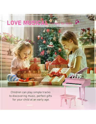 HOMCOM Modern Kids Piano 30 Keys Set of 2 Mini Toy for Child Grand Piano with Music Stand and Bench, Best Gifts Pink F12-005PK