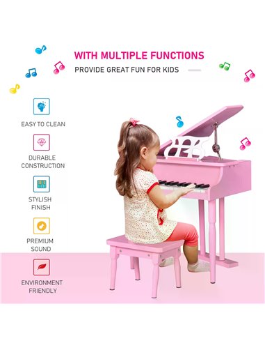 HOMCOM Modern Kids Piano 30 Keys Set of 2 Mini Toy for Child Grand Piano with Music Stand and Bench, Best Gifts Pink F12-005PK