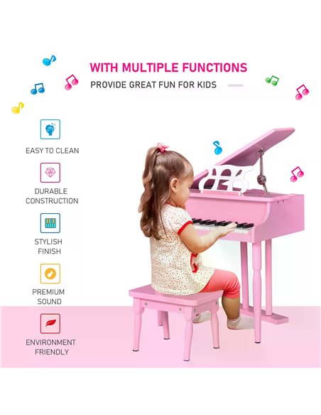 HOMCOM Modern Kids Piano 30 Keys Set of 2 Mini Toy for Child Grand Piano with Music Stand and Bench, Best Gifts Pink F12-005PK - pic 94517 | FastDaddyshop