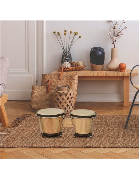 HOMCOM Wooden Bongo Drum Set w/ Sheepskin Drum Head, Percussion Instrument, Φ7.75" & Φ7" Drums, for Kids Adults, w/ Tuning Wrenc - pic 94584 | FastDaddyshop