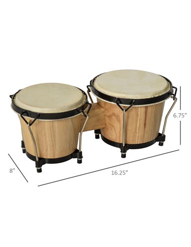 HOMCOM Wooden Bongo Drum Set w/ Sheepskin Drum Head, Percussion Instrument, Φ7.75" & Φ7" Drums, for Kids Adults, w/ Tuning Wrenc