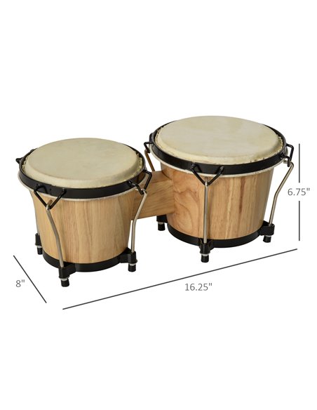 HOMCOM Wooden Bongo Drum Set w/ Sheepskin Drum Head, Percussion Instrument, Φ7.75" & Φ7" Drums, for Kids Adults, w/ Tuning Wrenc - pic 94585 | FastDaddyshop