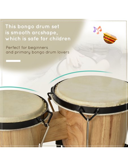 HOMCOM Wooden Bongo Drum Set w/ Sheepskin Drum Head, Percussion Instrument, Φ7.75" & Φ7" Drums, for Kids Adults, w/ Tuning Wrenc - pic 94586 | FastDaddyshop