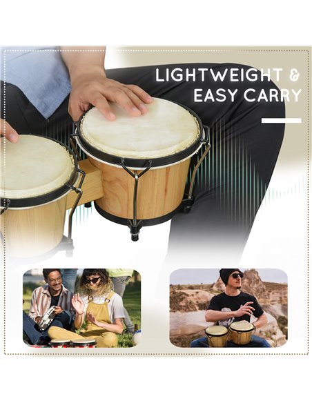 HOMCOM Wooden Bongo Drum Set w/ Sheepskin Drum Head, Percussion Instrument, Φ7.75" & Φ7" Drums, for Kids Adults, w/ Tuning Wrenc - pic 94588 | FastDaddyshop