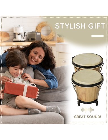 HOMCOM Wooden Bongo Drum Set w/ Sheepskin Drum Head, Percussion Instrument, Φ7.75" & Φ7" Drums, for Kids Adults, w/ Tuning Wrenc
