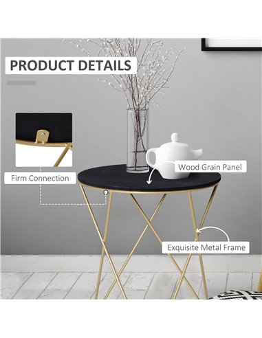 HOMCOM Wooden Metal Round Coffee Table Sofa End Side Bedside Table Modern Style Living Room Decor  - Black Gold Color (����43cm)
