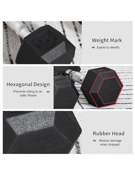 HOMCOM Rubber Dumbbell Sports Hex Weights Sets Home Gym Fitness Hexagonal Dumbbells Kit Weight Lifting Exercise (2 x 5kg) A91-01 - pic 94829 | FastDaddyshop