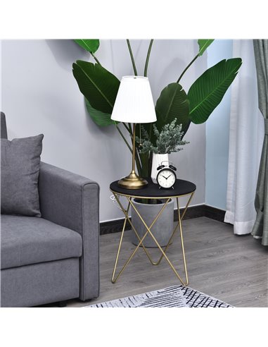 HOMCOM Wooden Metal Round Coffee Table Sofa End Side Bedside Table Modern Style Living Room Decor  - Black Gold Color (����43cm)