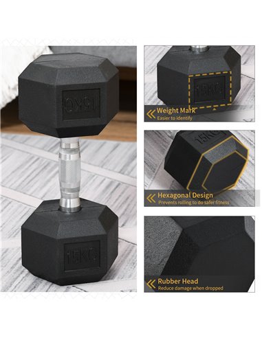 HOMCOM 15KG Single Rubber Hex Dumbbell Portable Hand Weights Dumbbell Home Gym Workout Fitness Hand Dumbbell A91-021V01