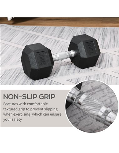 HOMCOM 15KG Single Rubber Hex Dumbbell Portable Hand Weights Dumbbell Home Gym Workout Fitness Hand Dumbbell A91-021V01