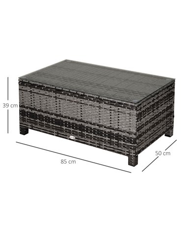 Outsunny Rattan Coffee Table Garden Furniture Patio Wicker Side Table with Tempered Glass Table Top, Mixed Grey