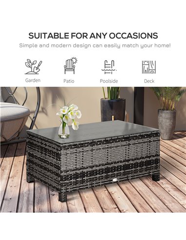 Outsunny Rattan Coffee Table Garden Furniture Patio Wicker Side Table with Tempered Glass Table Top, Mixed Grey