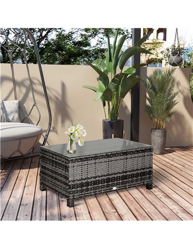 Outsunny Rattan Coffee Table Garden Furniture Patio Wicker Side Table with Tempered Glass Table Top, Mixed Grey