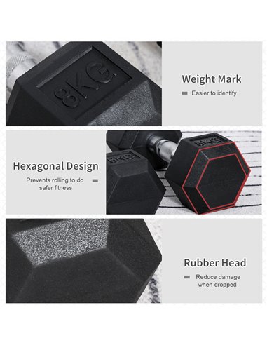 HOMCOM Rubber Dumbbell Set Sports Hex Weight Sets Home Gym Fitness Lift Strength Training Exercise 2 x 5kg, 2 x 6kg, 2 x 8kg A91