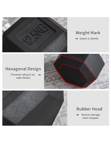 HOMCOM 2x12.5kg Rubber Hex Dumbbell Portable Hand Weights Dumbbell Home Gym Workout Fitness Hand Dumbbell A91-P025