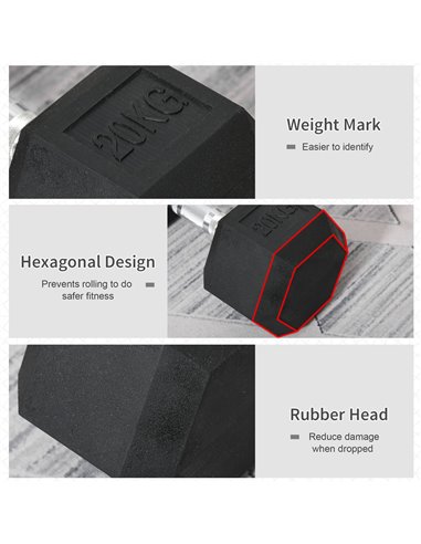 HOMCOM Hexagonal Dumbbells: 2x20kg Portable Hand Weights for Home Gym Fitness, Black Rubber A91-P028