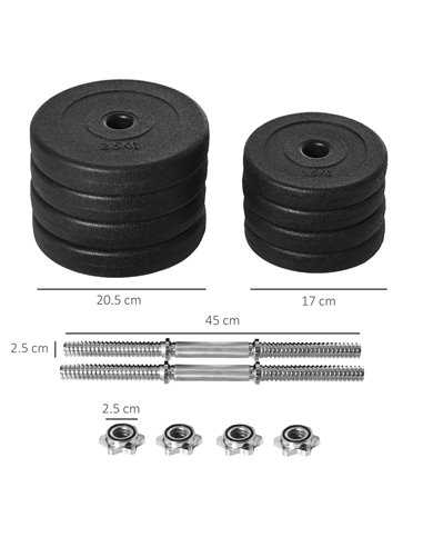 HOMCOM 20KG Adjustable Weights Dumbbells Set, Dumbbell Hand Weights for Home Office Gym Body Fitness Lifting Training, Black A91