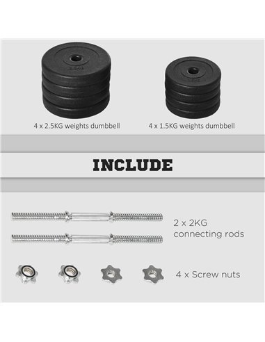HOMCOM 20KG Adjustable Weights Dumbbells Set, Dumbbell Hand Weights for Home Office Gym Body Fitness Lifting Training, Black A91