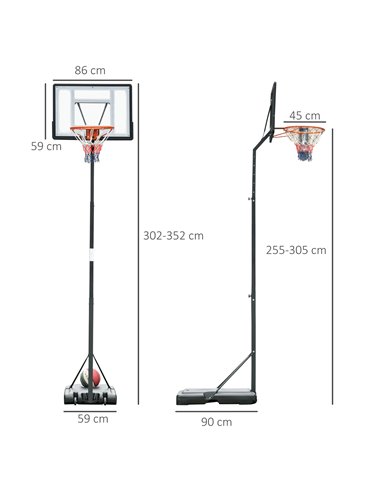 HOMCOM Adjustable Basketball Hoop Stand, Freestanding with Backboard & Wheels, 255-305cm, Black A61-013