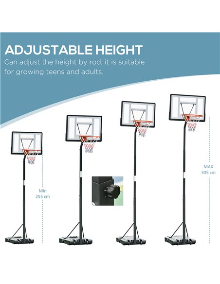 HOMCOM Adjustable Basketball Hoop Stand, Freestanding with Backboard & Wheels, 255-305cm, Black A61-013 - pic 95108 | FastDaddyshop