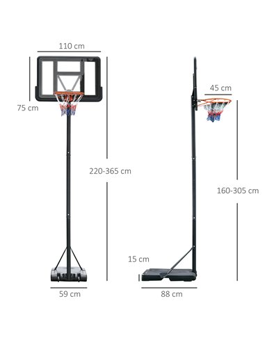 HOMCOM Portable Freestanding Basketball Hoop Stand Transparent Backboard 231-305cm Adjustable Basketball Hoop with Two Moving Wh