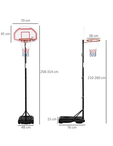 HOMCOM Outdoor Basketball Hoop Stand Portable Sturdy Rim Adjustable Height from 258-314 cm w/ Wheels, Stable Base A61-027RD