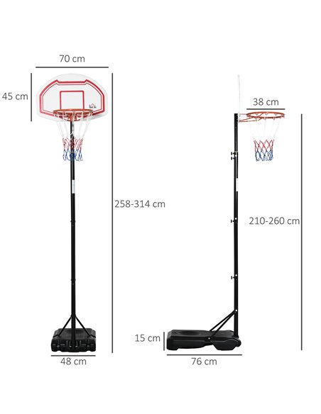 HOMCOM Outdoor Basketball Hoop Stand Portable Sturdy Rim Adjustable Height from 258-314 cm w/ Wheels, Stable Base A61-027RD - pic 95161 | FastDaddyshop