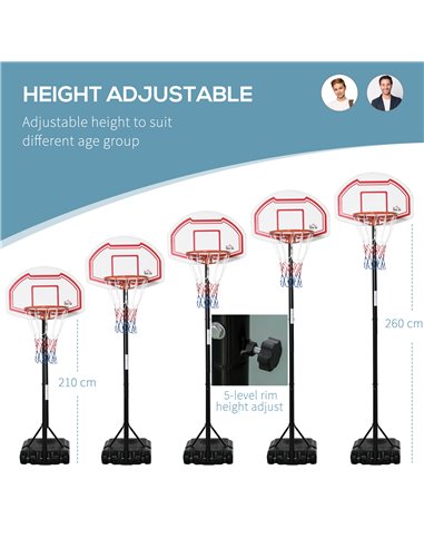 HOMCOM Outdoor Basketball Hoop Stand Portable Sturdy Rim Adjustable Height from 258-314 cm w/ Wheels, Stable Base A61-027RD