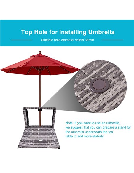 Outsunny Outdoor Patio Rattan Wicker Coffee Table Bistro Side Table w/ Umbrella Hole and Storage Space, Grey - pic 9519 | FastDaddyshop