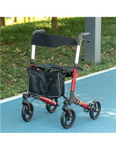 HOMCOM Folding Rollator Walker w/ Seat & Backrest, Lightweight Walking Frame w/ Adjustable Handle Height, 4 Wheeled Walker, Red 