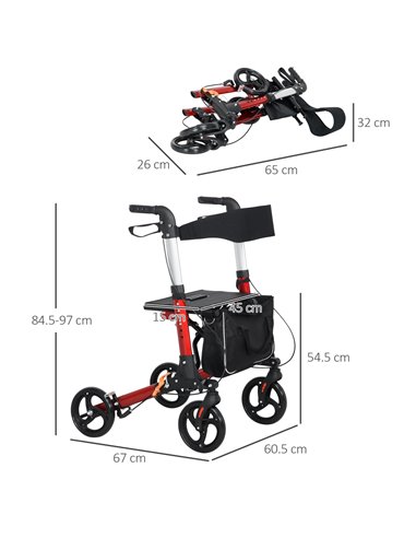 HOMCOM Folding Rollator Walker w/ Seat & Backrest, Lightweight Walking Frame w/ Adjustable Handle Height, 4 Wheeled Walker, Red 