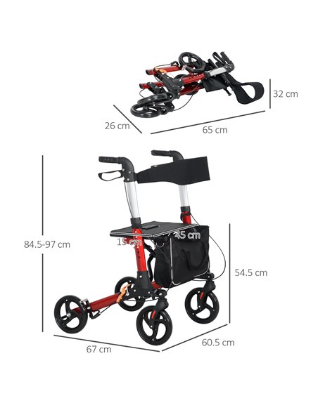 HOMCOM Folding Rollator Walker w/ Seat & Backrest, Lightweight Walking Frame w/ Adjustable Handle Height, 4 Wheeled Walker, Red  - pic 95368 | FastDaddyshop