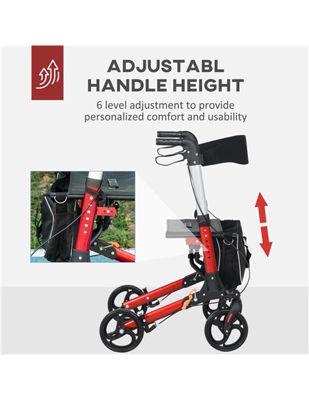 HOMCOM Folding Rollator Walker w/ Seat & Backrest, Lightweight Walking Frame w/ Adjustable Handle Height, 4 Wheeled Walker, Red  - pic 95369 | FastDaddyshop
