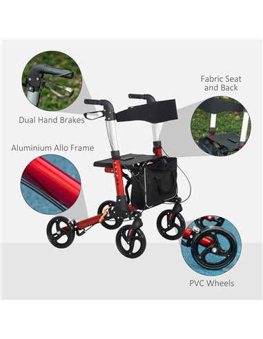 HOMCOM Folding Rollator Walker w/ Seat & Backrest, Lightweight Walking Frame w/ Adjustable Handle Height, 4 Wheeled Walker, Red 