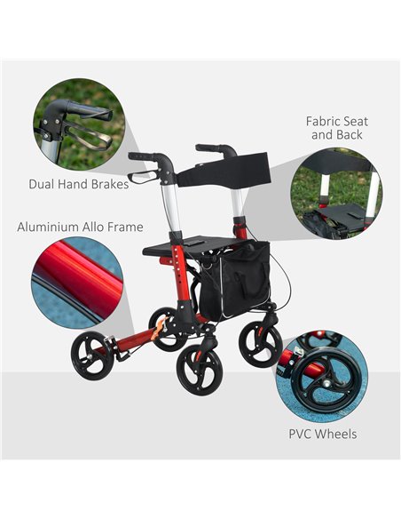 HOMCOM Folding Rollator Walker w/ Seat & Backrest, Lightweight Walking Frame w/ Adjustable Handle Height, 4 Wheeled Walker, Red  - pic 95370 | FastDaddyshop