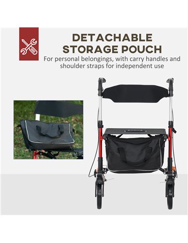 HOMCOM Folding Rollator Walker w/ Seat & Backrest, Lightweight Walking Frame w/ Adjustable Handle Height, 4 Wheeled Walker, Red 