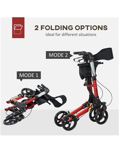 HOMCOM Folding Rollator Walker w/ Seat & Backrest, Lightweight Walking Frame w/ Adjustable Handle Height, 4 Wheeled Walker, Red 