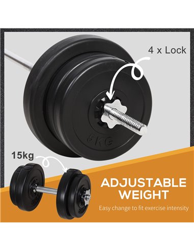HOMCOM 65kg Adjustable Barbell Weights Set, 2 in 1 Dumbbells and Barbell Set w/ Knurled Bar, Free Weights Training Equipment for