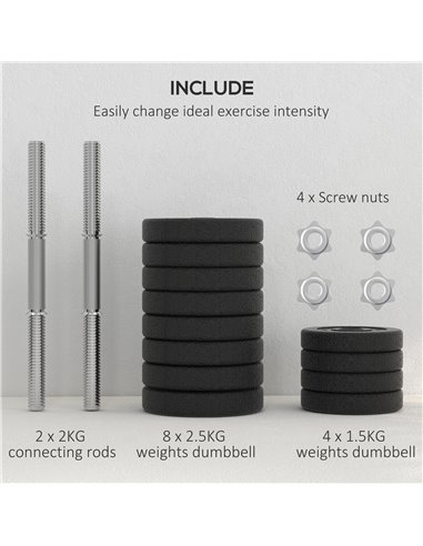 HOMCOM 30KG Adjustable Dumbbells Set, Hand Weights Set for Home Gym Weight Lifting Training A91-139V03BK