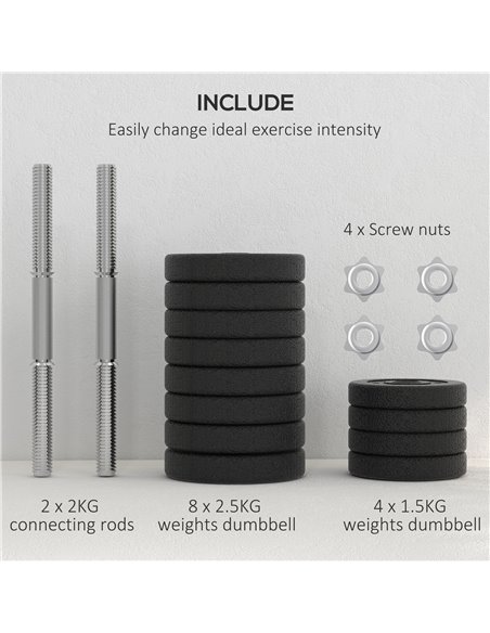 HOMCOM 30KG Adjustable Dumbbells Set, Hand Weights Set for Home Gym Weight Lifting Training A91-139V03BK - pic 95542 | FastDaddyshop