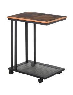 Homcom C-Shaped Side Table with Wheels, Metal Frame and Storage Shelf, Rustic Brown