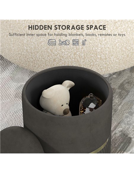 HOMCOM Velvet-feel Round Ottoman Stool, Storage Pouffe, Padded Seat, Hidden Compartment, Grey 838-439V70GY - pic 95702 | FastDaddyshop