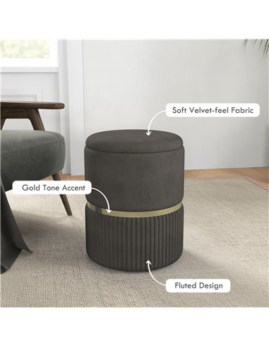 HOMCOM Velvet-feel Round Ottoman Stool, Storage Pouffe, Padded Seat, Hidden Compartment, Grey 838-439V70GY