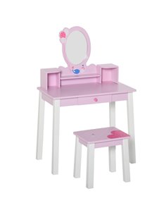 Homcom 2pcs Kids Wooden Dressing Table and Stool with Mirror, Drawers for Toddlers 3 Year+, Pink White